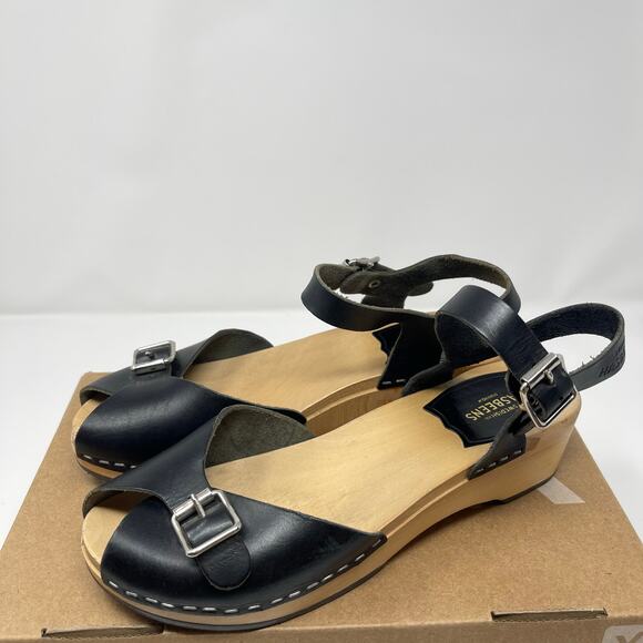 Swedish Hasbeens Black Peep Toe Sandal Clogs (Size 38) - Picture 1 of 12